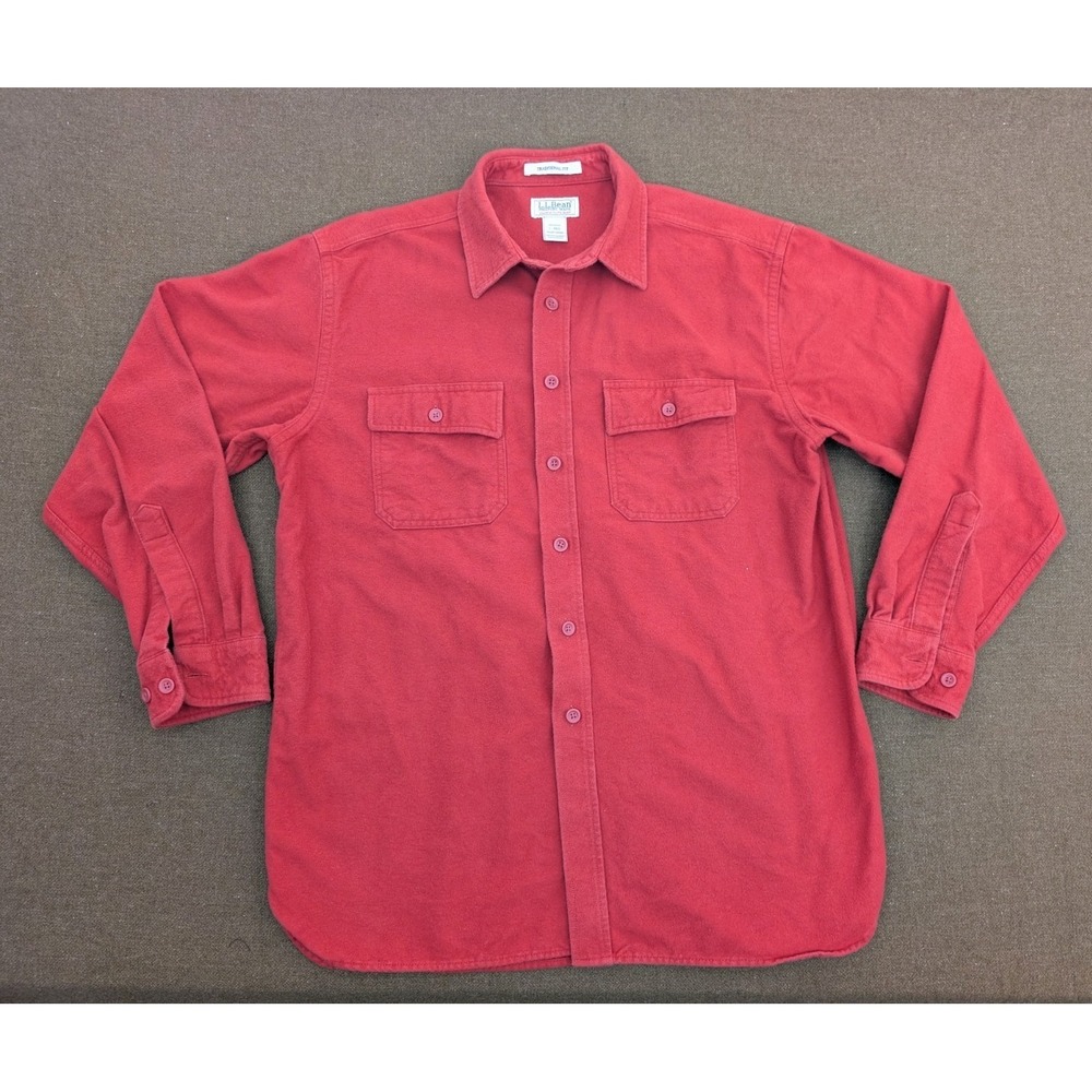 LL Bean Shirt Mens Large Red Chamois Cloth Flannel Button Up Collared Outdoor